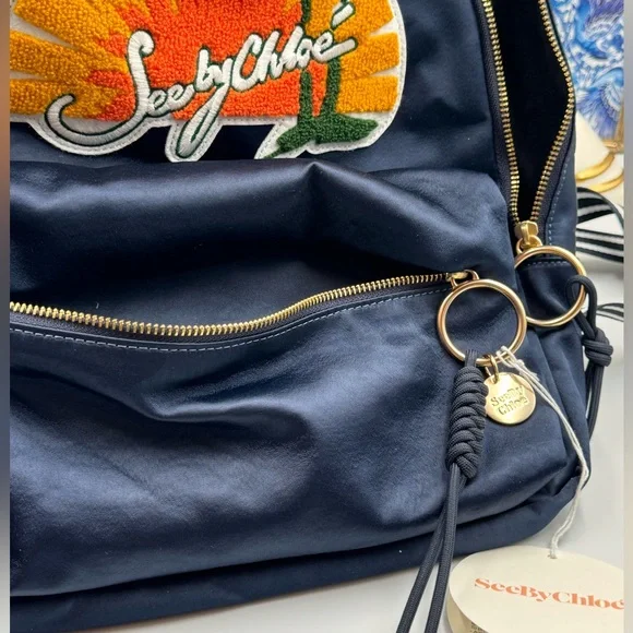 🆕 SEE BY CHLOE 🧿 NWT Blue Satin Palm Trees Decal Backpack - Picture 15 of 16